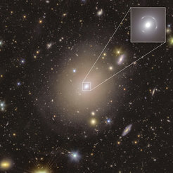 The image shows a view of a huge cluster of galaxies with numerous luminous galaxies distributed in a dark universe. In the center of the image is a large elliptical galaxy surrounded by a faint golden glow. A highlighted section shows a magnified view of a gravitational lensing effect: a distant galaxy is distorted by the gravity of the galaxy cluster into an almost perfect Einstein ring.